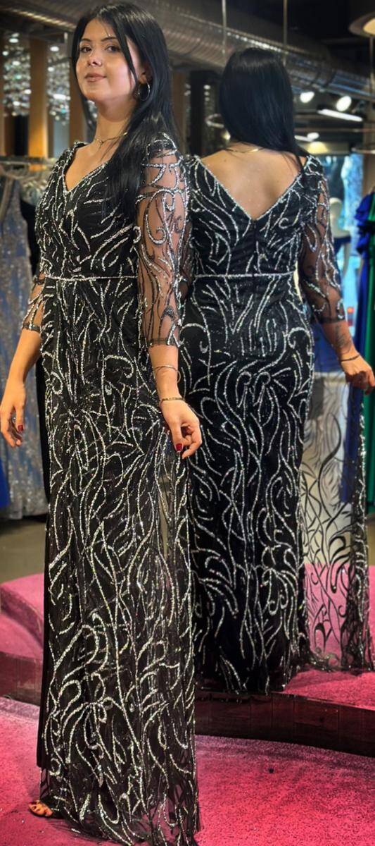 Black Silver Long Sleeve Slit Straight Cut Glitter Long Evening Dress 7582 - 3