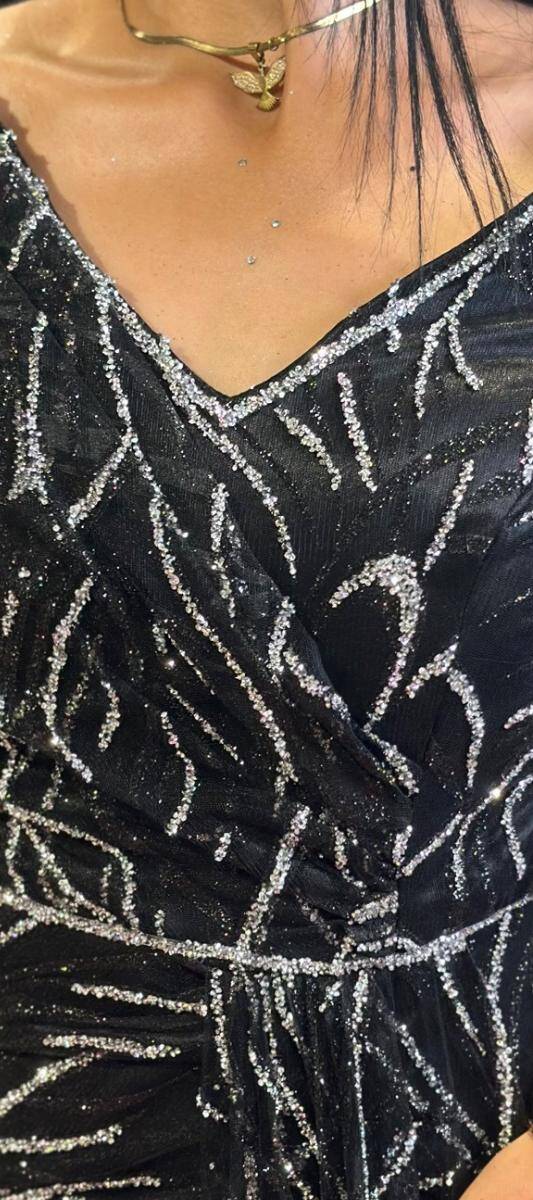 Black Silver Long Sleeve Slit Straight Cut Glitter Long Evening Dress 7582 - 4