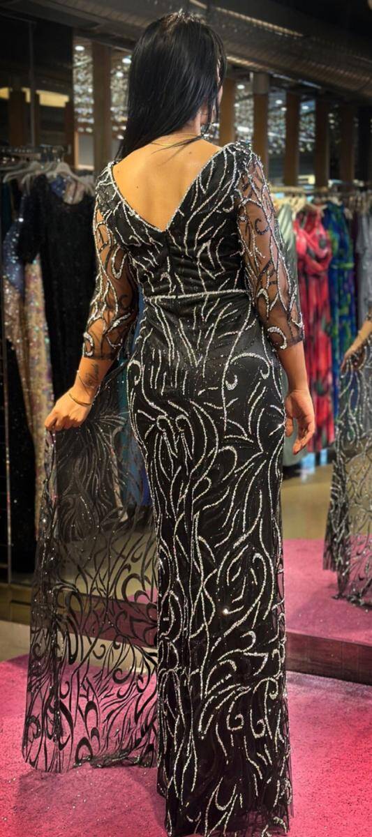 Black Silver Long Sleeve Slit Straight Cut Glitter Long Evening Dress 7582 - 5