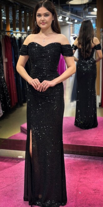 Black Slit Straight Cut Sequin Long Evening Dress 7379 