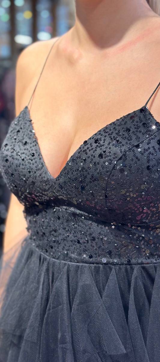 Black Spaghetti Strap Low-Cut Back Flared Skirt Beaded Sequin Long Evening Dress 7588 - 3