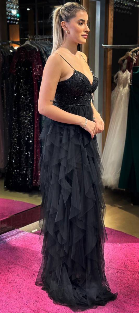 Black Spaghetti Strap Low-Cut Back Flared Skirt Beaded Sequin Long Evening Dress 7588 - 4