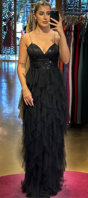Black Spaghetti Strap Low-Cut Back Flared Skirt Beaded Sequin Long Evening Dress 7588 - 1