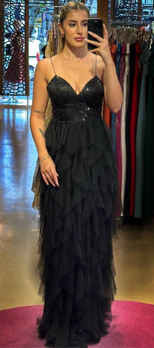 Black Spaghetti Strap Low-Cut Back Flared Skirt Beaded Sequin Long Evening Dress 7588 - 1