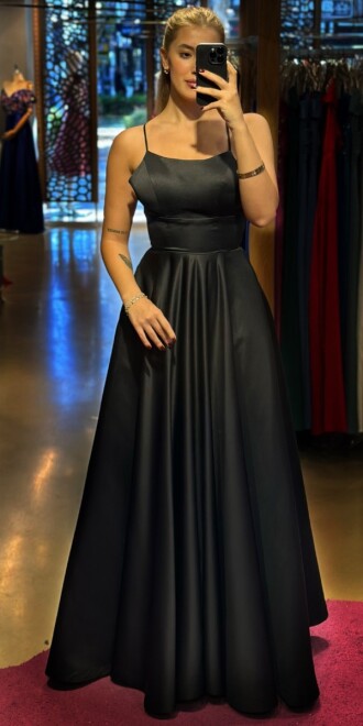 Black Spaghetti Strap Low-Cut Back Flared Skirt Satin Long Evening Dress 7590 