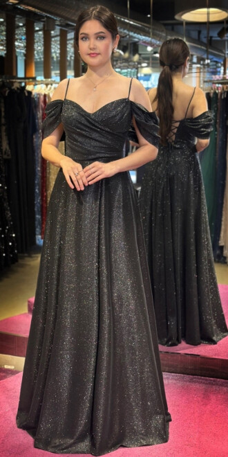 Black Spaghetti Strap Low-Cut Back Wrap Slit Flared Skirt Glitter Long Evening Dress 7633 