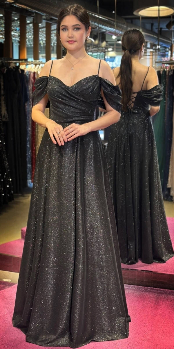 Black Spaghetti Strap Low-Cut Back Wrap Slit Flared Skirt Glitter Long Evening Dress 7633 - 1