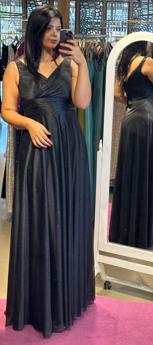Black Thick Strap Flared Skirt Glitter Fabric Long Evening Dress 7117 - 1