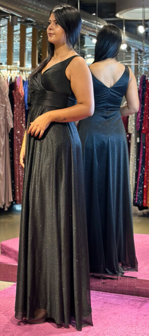 Black Thick Strap Flared Skirt Glitter Fabric Long Evening Dress 7117 - 3