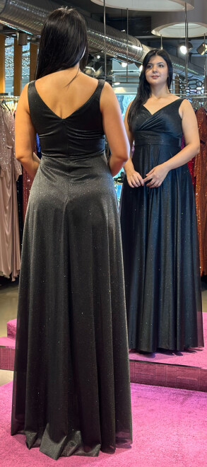 Black Thick Strap Flared Skirt Glitter Fabric Long Evening Dress 7117 - 5