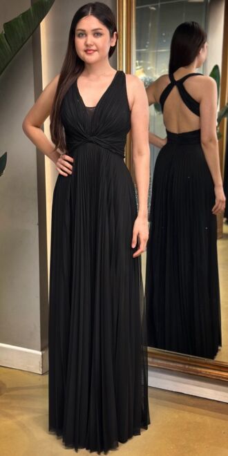 Black Thick Strap Low-Cut Back Flared Skirt Chiffon Tulle Long Evening Dress 7645 