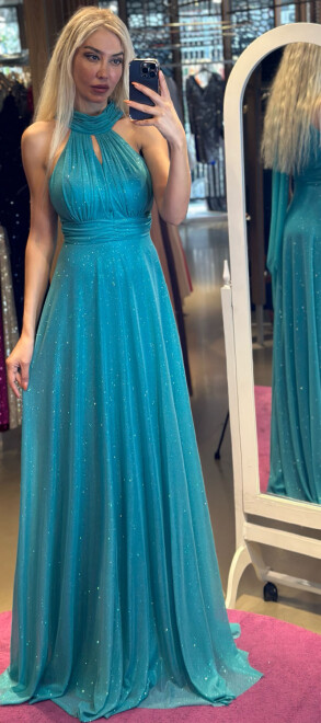 Blue Belted Low-Cut Back Flared Skirt Glitter Fabric Long Evening Dress 6646 
