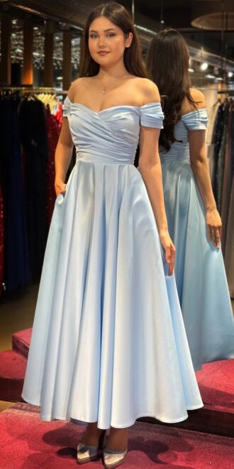 Blue Flared Skirt Satin Midi Evening Dress 7672 