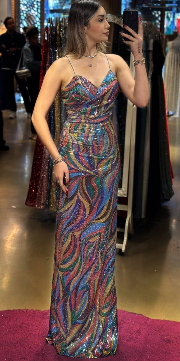Blue Spaghetti Strap Low-Cut Back Straight Cut Patterned Long Evening Dress 7639 - 1
