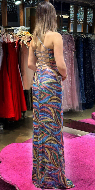 Blue Spaghetti Strap Low-Cut Back Straight Cut Patterned Long Evening Dress 7639 - 5