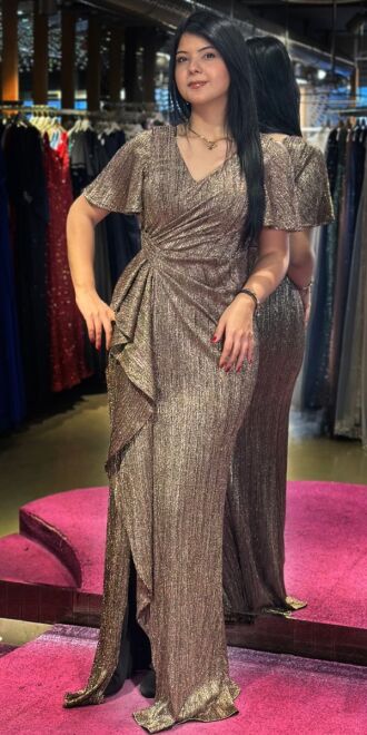 Brown Short Sleeve Slit Straight Cut Glitter Long Evening Dress 7653 - 1