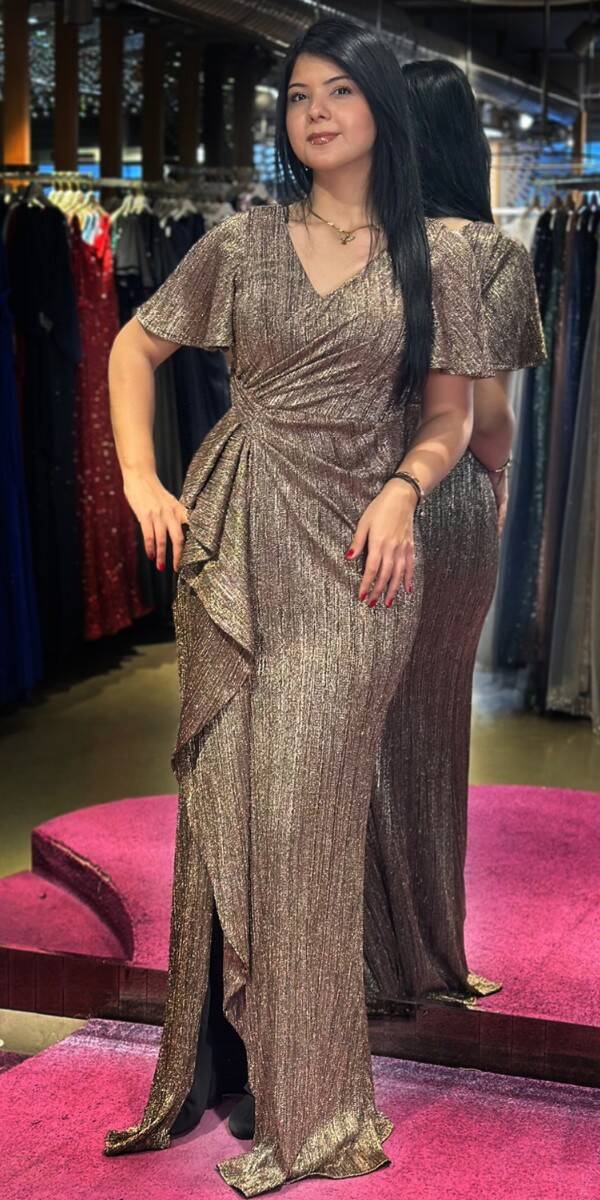 Brown Short Sleeve Slit Straight Cut Glitter Long Evening Dress 7653 - 1