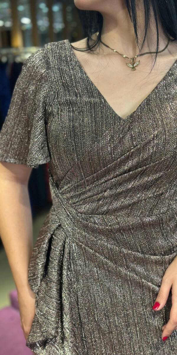 Brown Short Sleeve Slit Straight Cut Glitter Long Evening Dress 7653 - 4