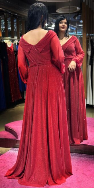 Burgundy Long Sleeve Floral Detailed Flared Skirt Glitter Long Evening Dress 7656 - 5