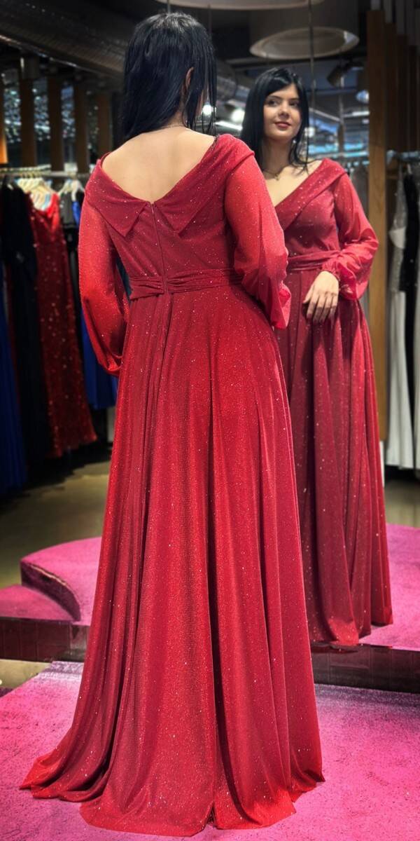 Burgundy Long Sleeve Floral Detailed Flared Skirt Glitter Long Evening Dress 7656 - 5