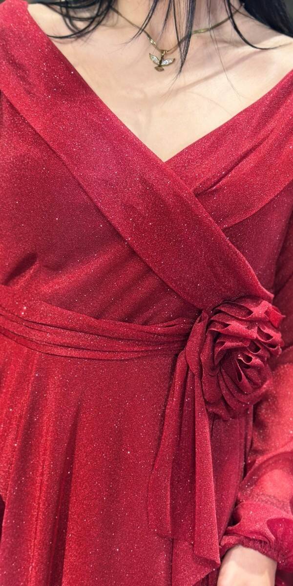 Burgundy Long Sleeve Floral Detailed Flared Skirt Glitter Long Evening Dress 7656 - 4