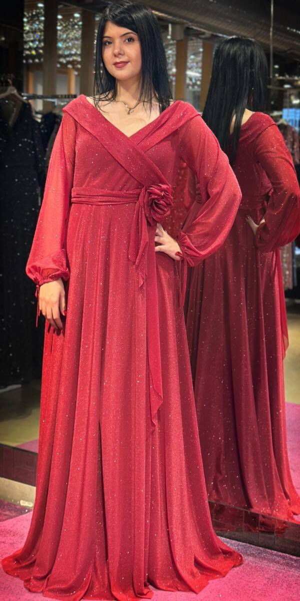 Burgundy Long Sleeve Floral Detailed Flared Skirt Glitter Long Evening Dress 7656 - 3