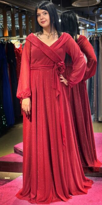 Burgundy Long Sleeve Floral Detailed Flared Skirt Glitter Long Evening Dress 7656 