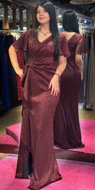 Burgundy Short Sleeve Slit Straight Cut Glitter Long Evening Dress 7653 - 1