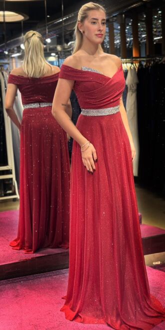 Burgundy Stone Detailed Flared Skirt Glitter Long Evening Dress 7661 