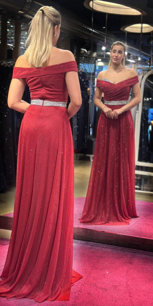 Burgundy Stone Detailed Flared Skirt Glitter Long Evening Dress 7661 - 5