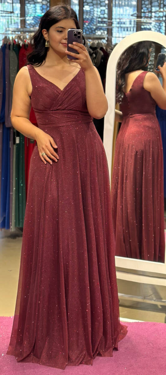 Burgundy Thick Strap Flared Skirt Glitter Fabric Long Evening Dress 7117 - 1