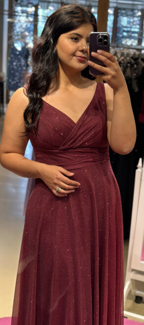 Burgundy Thick Strap Flared Skirt Glitter Fabric Long Evening Dress 7117 - 2