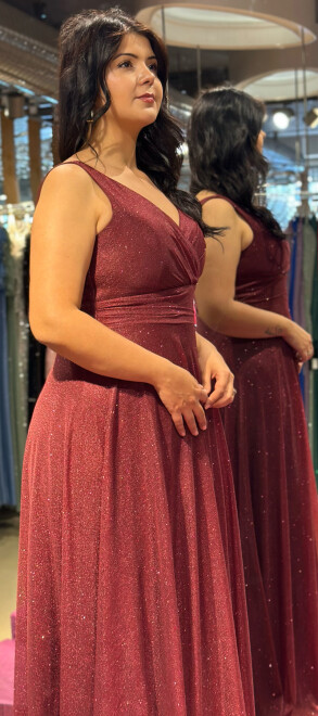 Burgundy Thick Strap Flared Skirt Glitter Fabric Long Evening Dress 7117 - 3