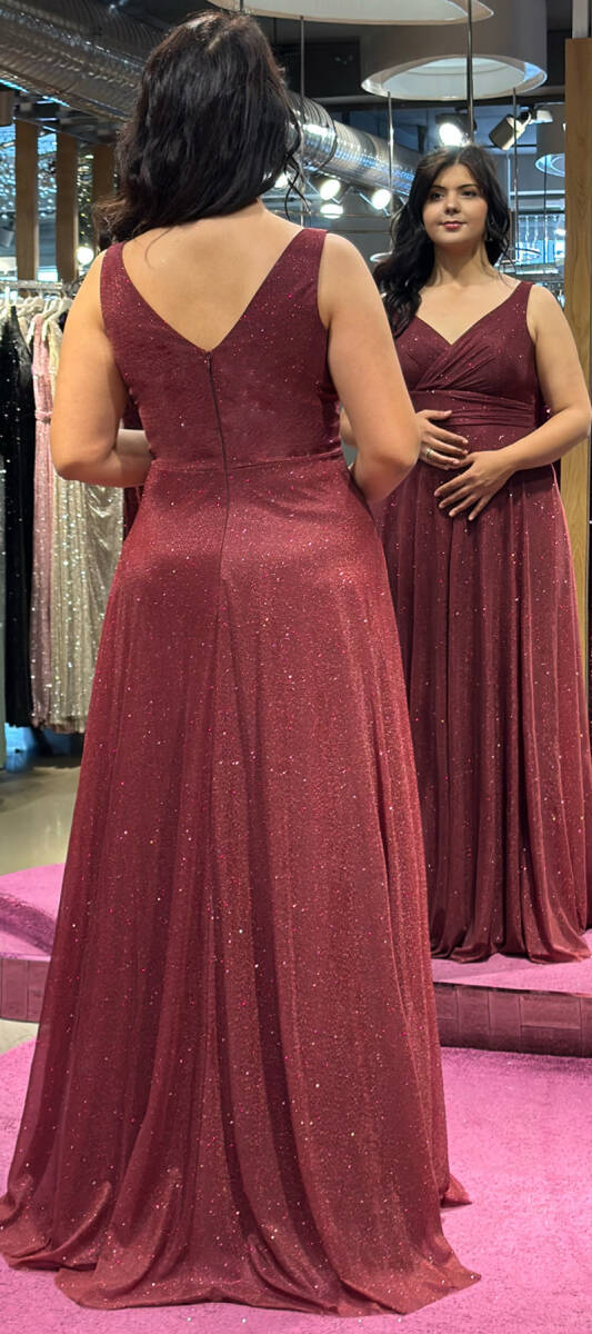 Burgundy Thick Strap Flared Skirt Glitter Fabric Long Evening Dress 7117 - 5
