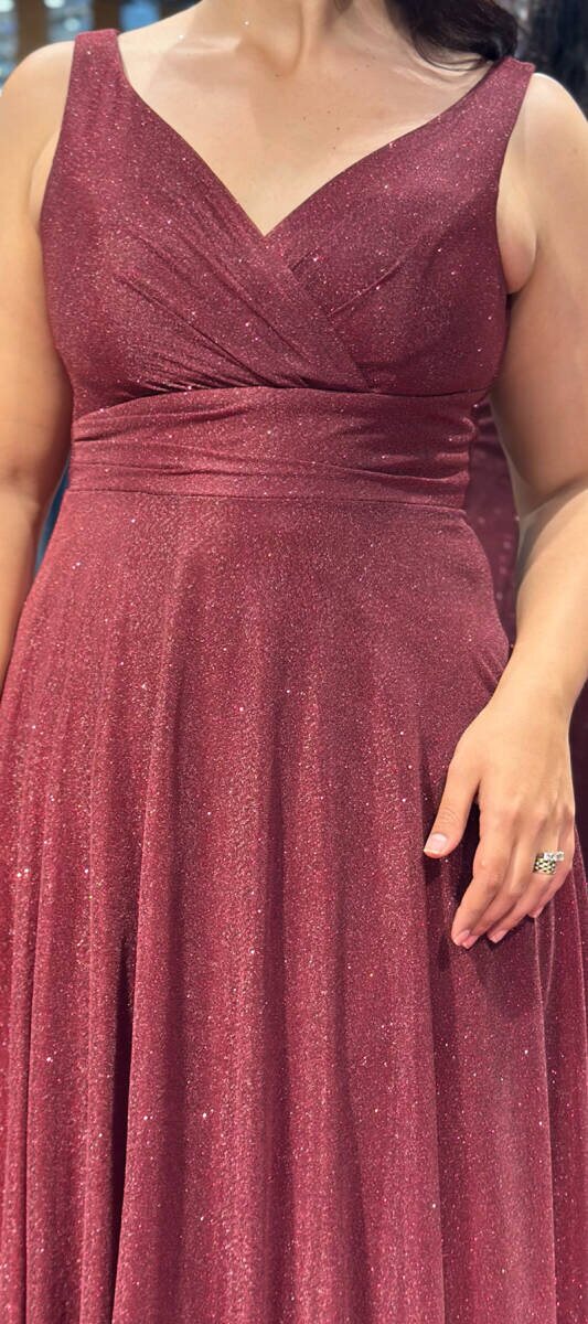 Burgundy Thick Strap Flared Skirt Glitter Fabric Long Evening Dress 7117 - 4