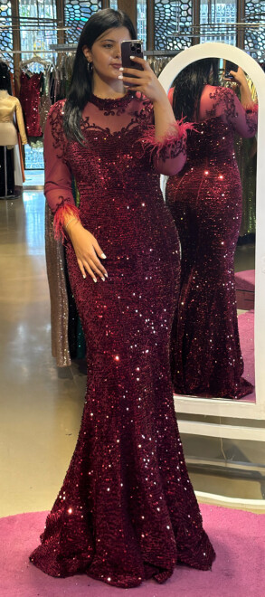 Cherry Red Feather Detailed Mermaid Skirt Velvet Sequin Long Evening Dress 6775 