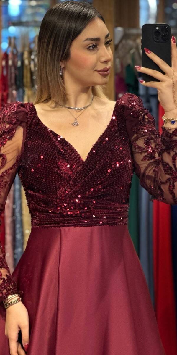 Cherry Red Long Sleeve Flared Skirt Satin Long Evening Dress 7559 - 2
