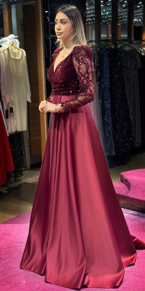 Cherry Red Long Sleeve Flared Skirt Satin Long Evening Dress 7559 - 3