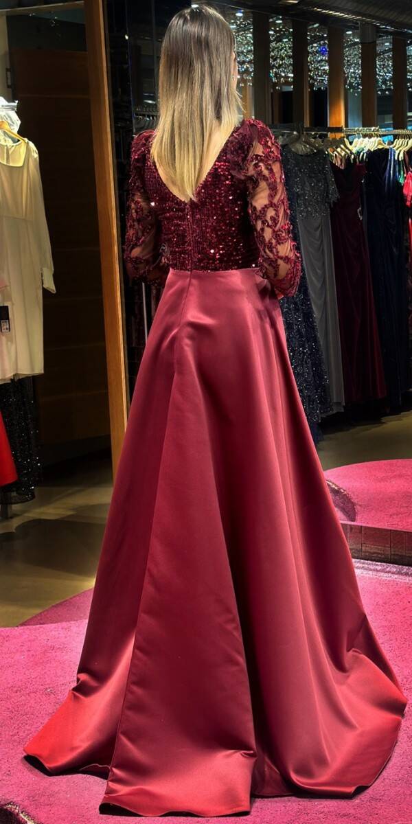 Cherry Red Long Sleeve Flared Skirt Satin Long Evening Dress 7559 - 5