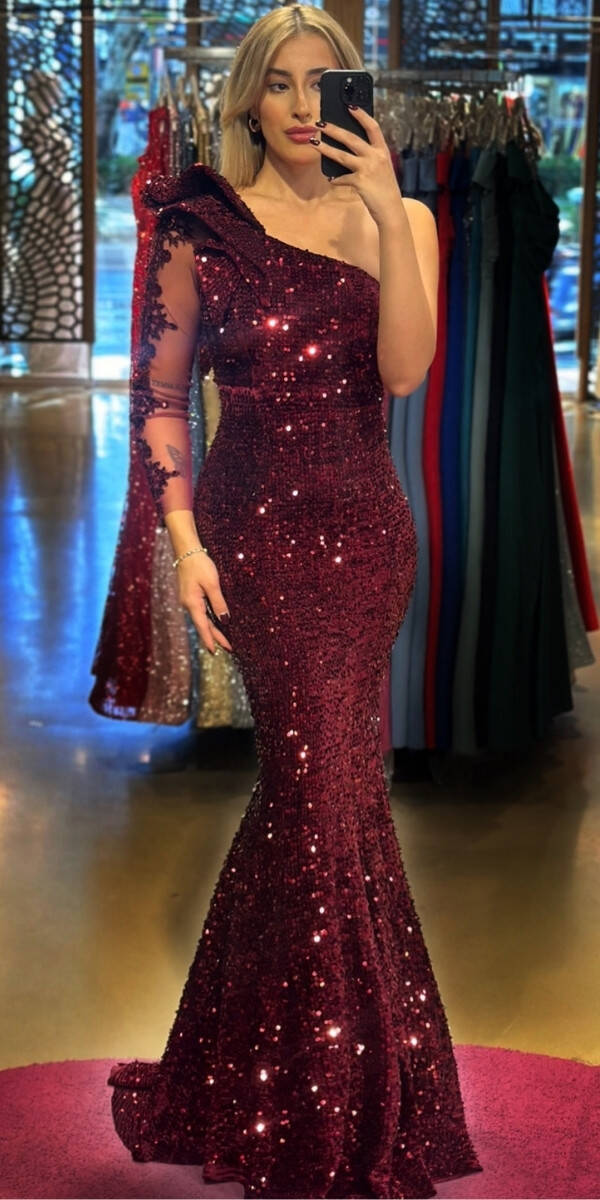 Cherry Red One Sleeve Lace Detailed Mermaid Skirt Velvet Sequin Long Evening Dress 7430 - 1
