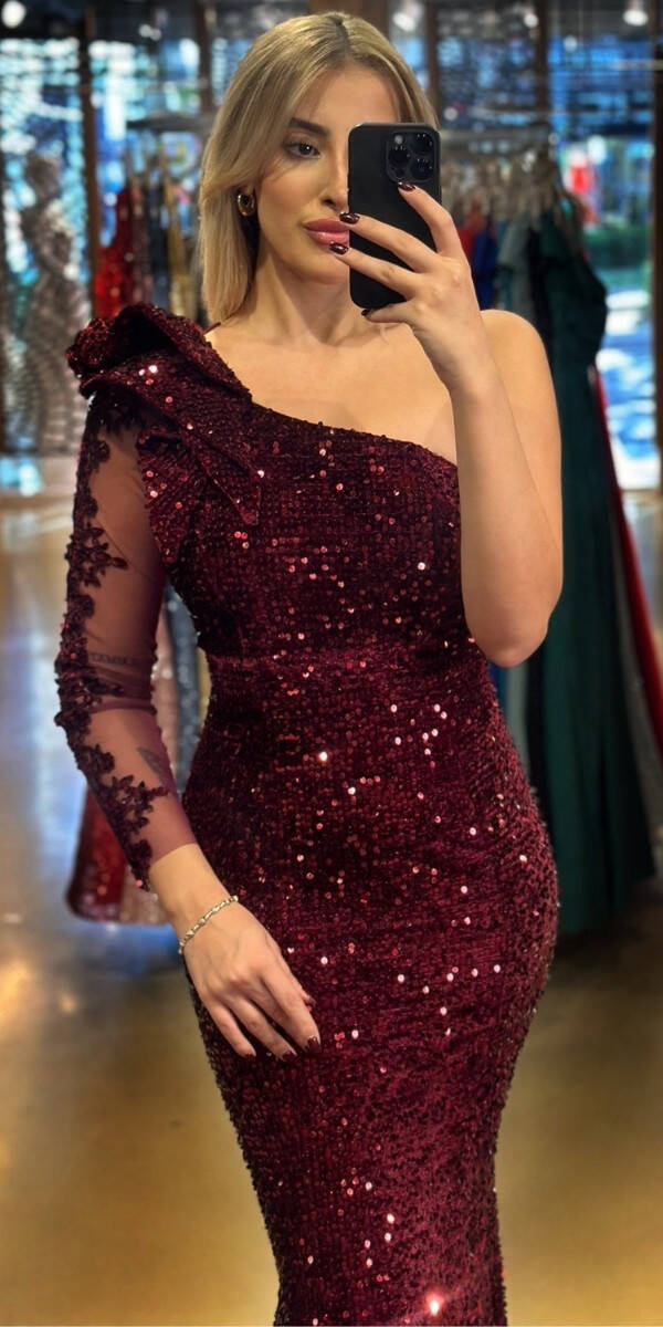 Cherry Red One Sleeve Lace Detailed Mermaid Skirt Velvet Sequin Long Evening Dress 7430 - 2