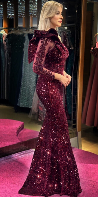 Cherry Red One Sleeve Lace Detailed Mermaid Skirt Velvet Sequin Long Evening Dress 7430 - 3