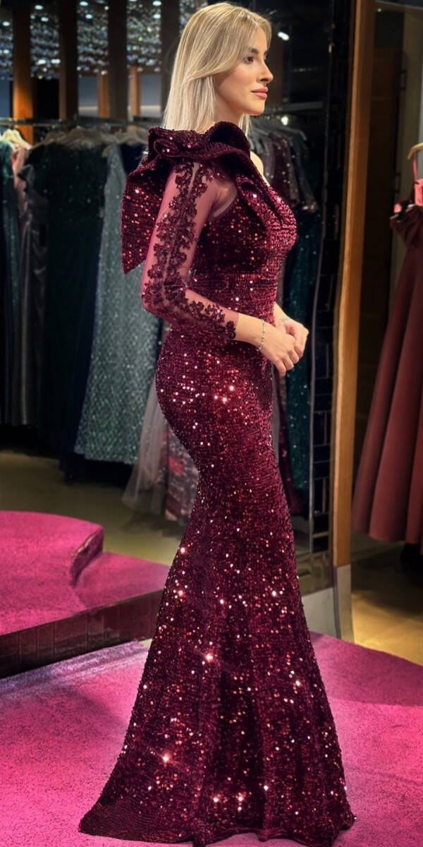 Cherry Red One Sleeve Lace Detailed Mermaid Skirt Velvet Sequin Long Evening Dress 7430 - 3
