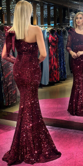 Cherry Red One Sleeve Lace Detailed Mermaid Skirt Velvet Sequin Long Evening Dress 7430 - 5