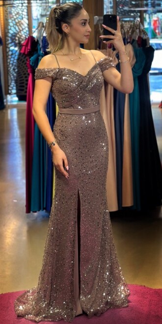 Copper Belted Low-Cut Back Slit Beaded Sequin Long Evening Dress 7434 