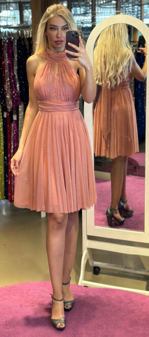Copper Color Low-Cut Back Flared Skirt Glitter Fabric Short Evening Dress 6710 - 1