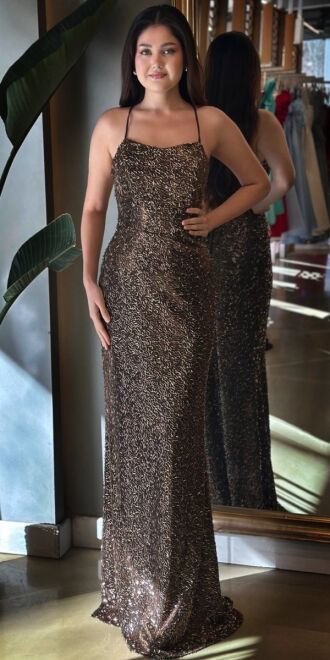 Copper Spaghetti Strap Low-Cut Back Straight Cut Beaded Sequin Long Evening Dress 7698 