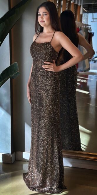 Copper Spaghetti Strap Low-Cut Back Straight Cut Beaded Sequin Long Evening Dress 7698 - 3