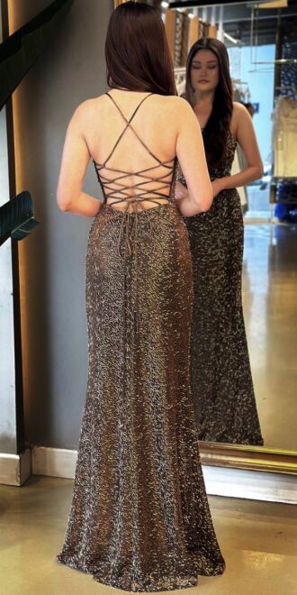 Copper Spaghetti Strap Low-Cut Back Straight Cut Beaded Sequin Long Evening Dress 7698 - 5