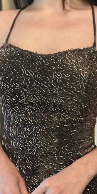 Copper Spaghetti Strap Low-Cut Back Straight Cut Beaded Sequin Long Evening Dress 7698 - 4